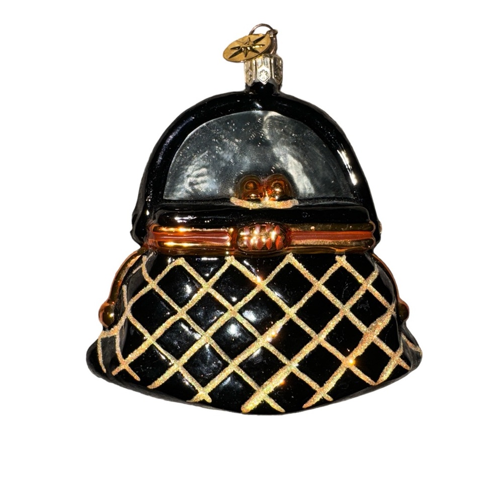 Christmas‎ Ornament, Christopher Radko, Black And Gold Handbag Hand Painted